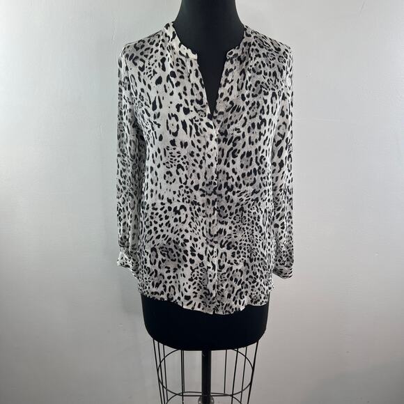 JOIE Purine Gray Black Top Silk Leopard Split Neck Balloon Sleeve Size XSmall XS - Picture 2 of 14